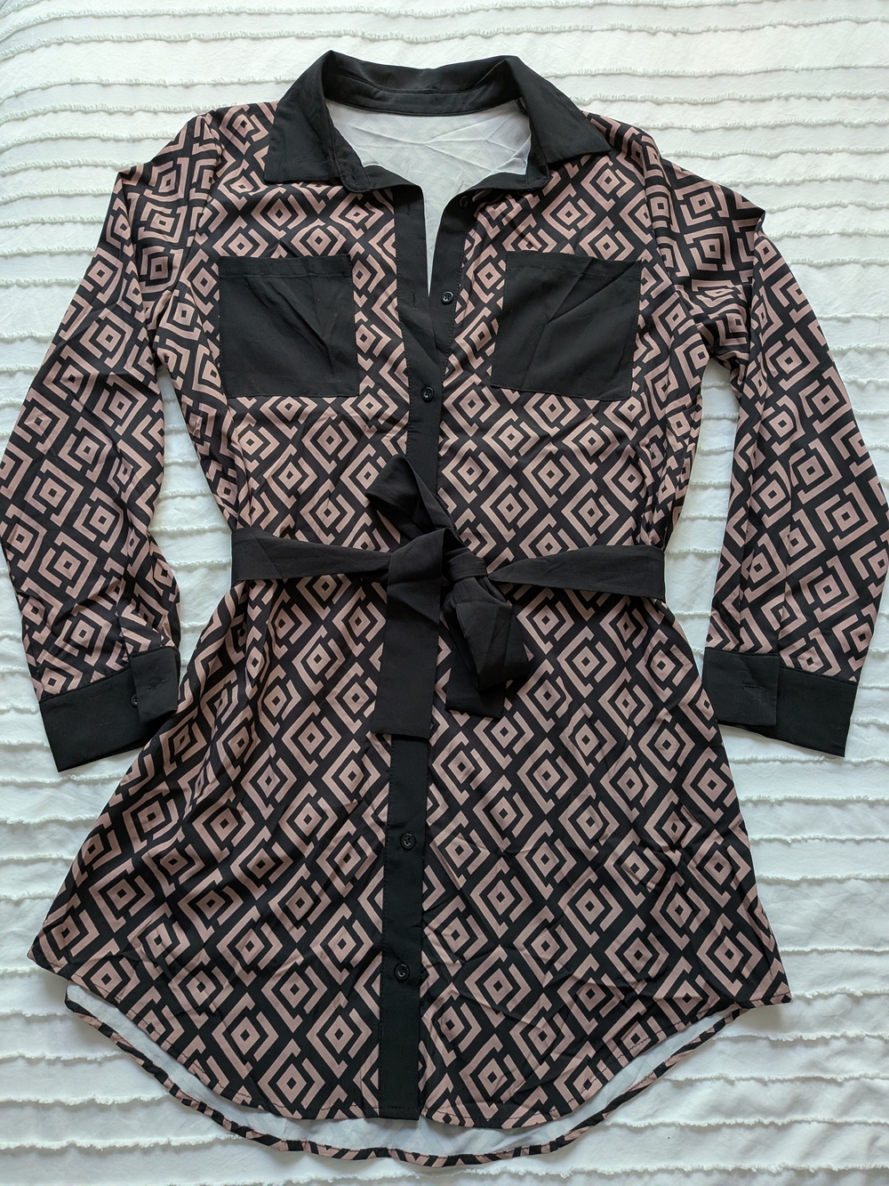 SHEIN Black & Tan Geometric Long Sleeve Shirt Dress